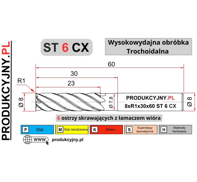 Frez trochoidalny fi 8 R1 ST 6 CX z łamaczem wióra
